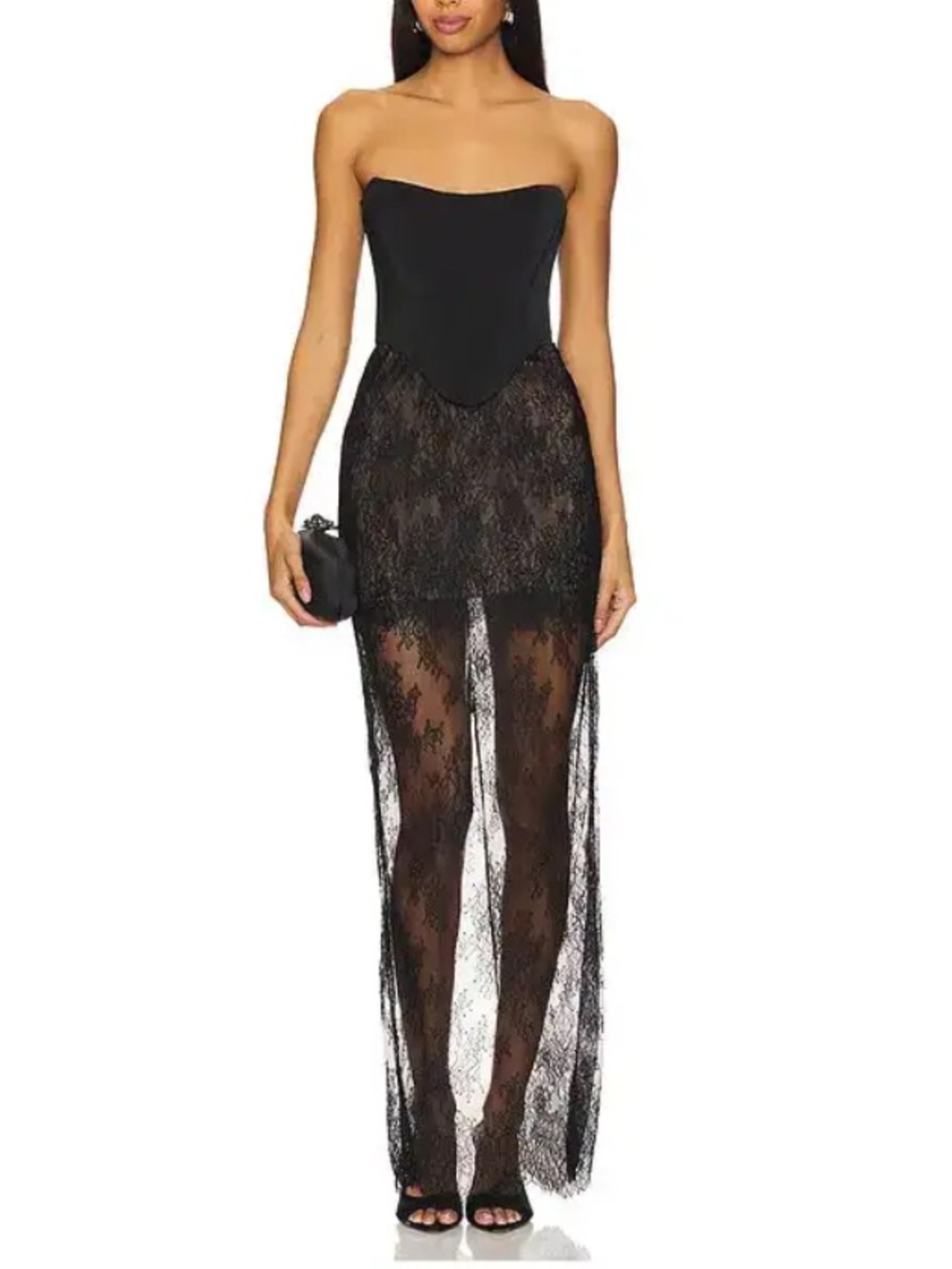 NBD Nisa maxi dress Black Strapless Lace Sheer corset bustier Gown Revolve L